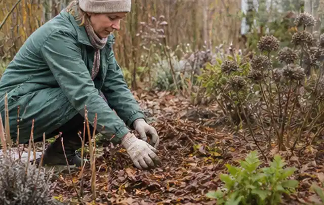Person verteilt eine schützende Mulchschicht zwischen winterlichen Stauden; Thema Sternrußtau, Schwerpunkt Natürliche Bekämpfung; Umsetzung.