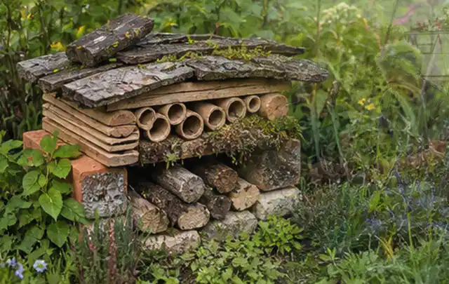 Naturnaher Unterschlupf aus Holz Rinde und Pflanzenstängeln im Garten; Thema Sternrußtau, Schwerpunkt Pflanzenhilfe; Kontrolle.