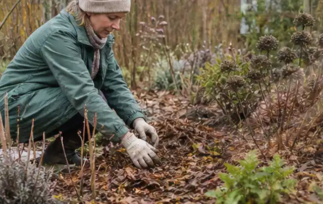 Person verteilt eine schützende Mulchschicht zwischen winterlichen Stauden; Thema Sternrußtau, Schwerpunkt Saison; Ausgangslage.