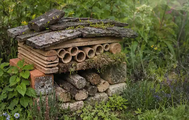 Naturnaher Unterschlupf aus Holz Rinde und Pflanzenstängeln im Garten; Thema Sternrußtau, Schwerpunkt Saison; Praxisalltag.