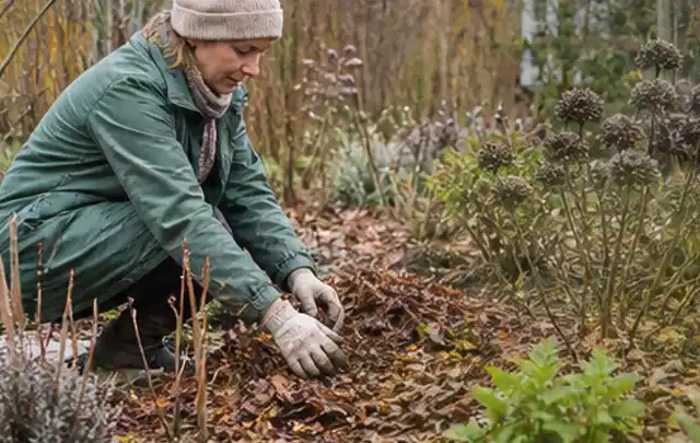 Person verteilt eine schützende Mulchschicht zwischen winterlichen Stauden; Thema Sternrußtau, Schwerpunkt Schädlinge Krankheiten; Ausgangslage.