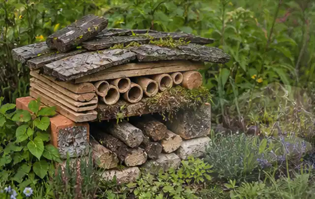 Naturnaher Unterschlupf aus Holz Rinde und Pflanzenstängeln im Garten; Thema Sternrußtau, Schwerpunkt Schädlinge Krankheiten; Ergebnis.
