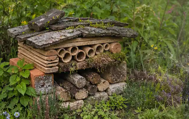 Naturnaher Unterschlupf aus Holz Rinde und Pflanzenstängeln im Garten; Thema Sternrußtau, Schwerpunkt Soforthilfe; Praxisalltag.