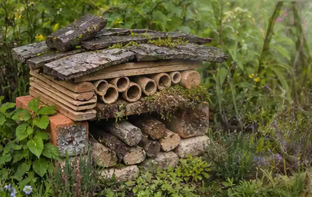Naturnaher Unterschlupf aus Holz Rinde und Pflanzenstängeln im Garten; Thema Sternrußtau, Schwerpunkt Vorbeugung; Kontrolle.