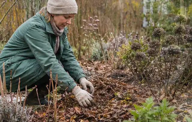 Person verteilt eine schützende Mulchschicht zwischen winterlichen Stauden; Thema Sternrußtau, Schwerpunkt Vorbeugung; Praxisalltag.