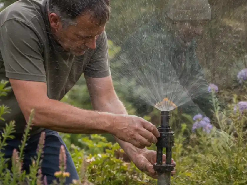 Person richtet einen laufenden Gartensprenger zwischen Stauden präzise aus; Thema Stiefmütterchen, Schwerpunkt Bewässerung; Titelbild.