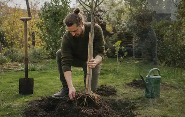 Person setzt einen jungen Zierbaum in ein vorbereitetes Pflanzloch im Garten; Thema Stiefmütterchen, Schwerpunkt Bewässerung; Ergebnis.
