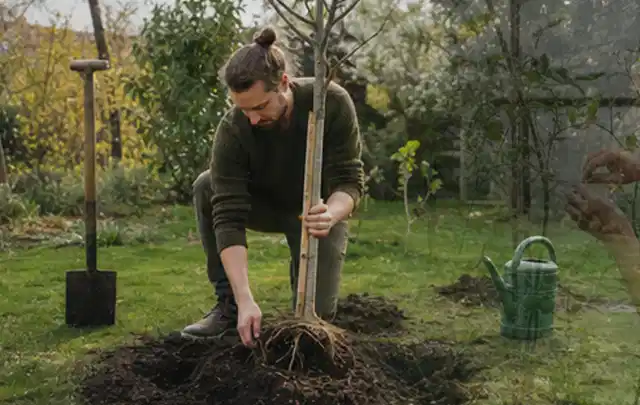 Person setzt einen jungen Zierbaum in ein vorbereitetes Pflanzloch im Garten; Thema Stiefmütterchen, Schwerpunkt Blumen; Kontrolle.