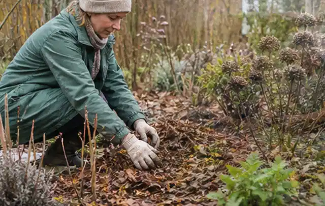 Person verteilt eine schützende Mulchschicht zwischen winterlichen Stauden; Thema Stiefmütterchen, Schwerpunkt Blumen; Ergebnis.
