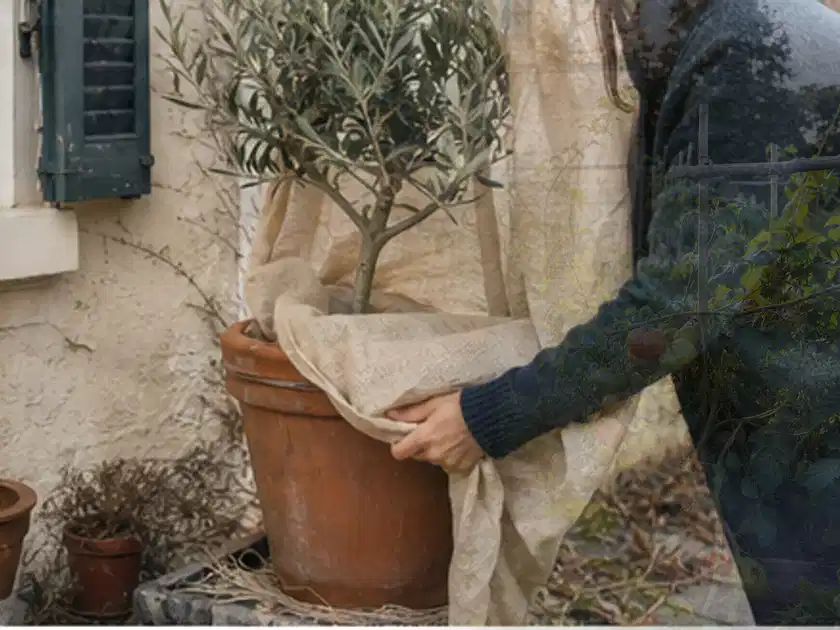 Person umhüllt eine mediterrane Kübelpflanze mit atmungsaktivem Winterschutz; Thema Stiefmütterchen, Schwerpunkt Boden; Titelbild.
