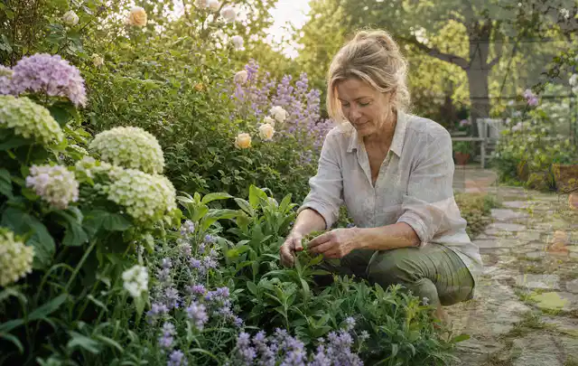 Person pflegt üppige Pflanzen in einem natürlich beleuchteten Garten; Thema Stiefmütterchen, Schwerpunkt Boden; Ausgangslage.