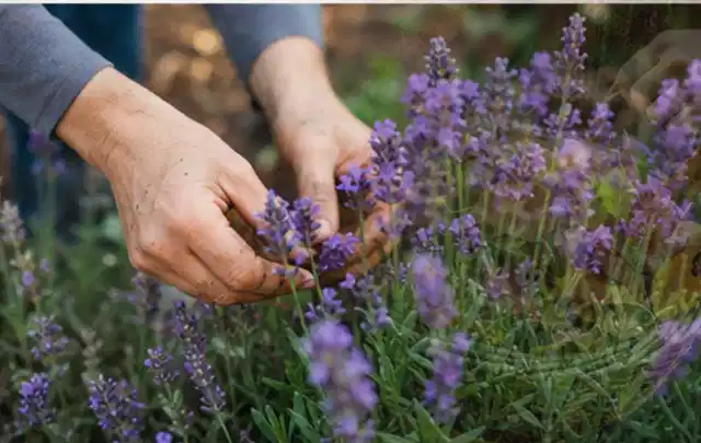 Hände pflegen blühenden Lavendel in einem natürlich angelegten Gartenbeet; Thema Stiefmütterchen, Schwerpunkt Boden; Praxisalltag.