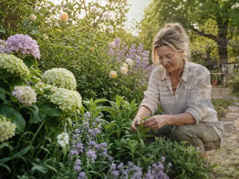 Person pflegt üppige Pflanzen in einem natürlich beleuchteten Garten; Thema Stiefmütterchen, Schwerpunkt Fehlerhilfe; Titelbild.