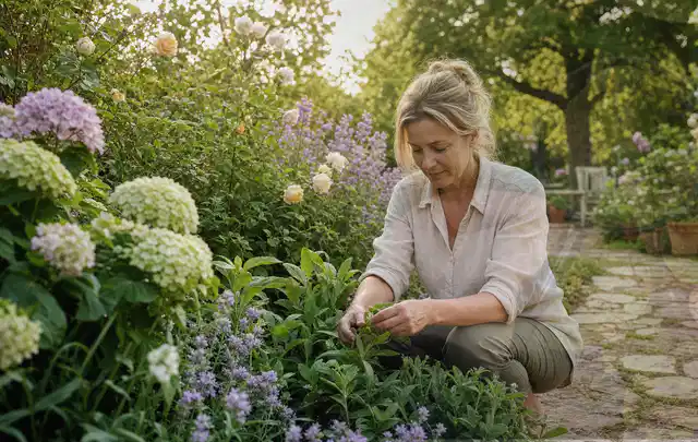 Person pflegt üppige Pflanzen in einem natürlich beleuchteten Garten; Thema Stiefmütterchen, Schwerpunkt Gartenpraxis; Ausgangslage.