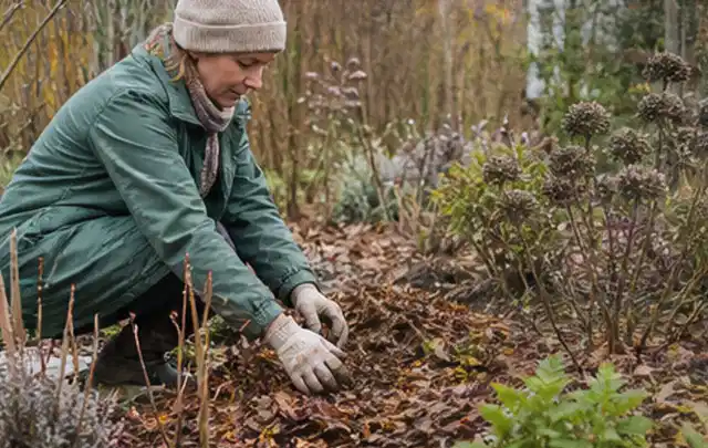 Person verteilt eine schützende Mulchschicht zwischen winterlichen Stauden; Thema Stiefmütterchen, Schwerpunkt Gartenpraxis; Umsetzung.