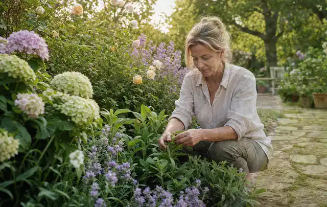 Person pflegt üppige Pflanzen in einem natürlich beleuchteten Garten; Thema Stiefmütterchen, Schwerpunkt Jahrespflege; Praxisalltag.