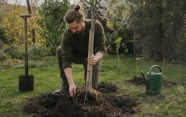Person setzt einen jungen Zierbaum in ein vorbereitetes Pflanzloch im Garten; Thema Stiefmütterchen, Schwerpunkt Kaufberatung; Umsetzung.