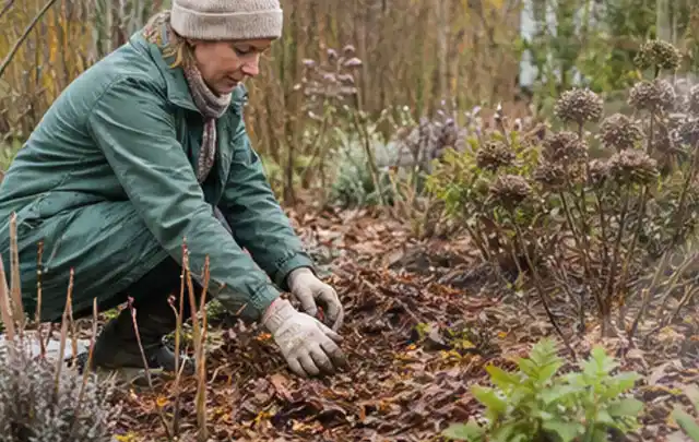 Person verteilt eine schützende Mulchschicht zwischen winterlichen Stauden; Thema Stiefmütterchen, Schwerpunkt Pflanzenschutz; Ergebnis.