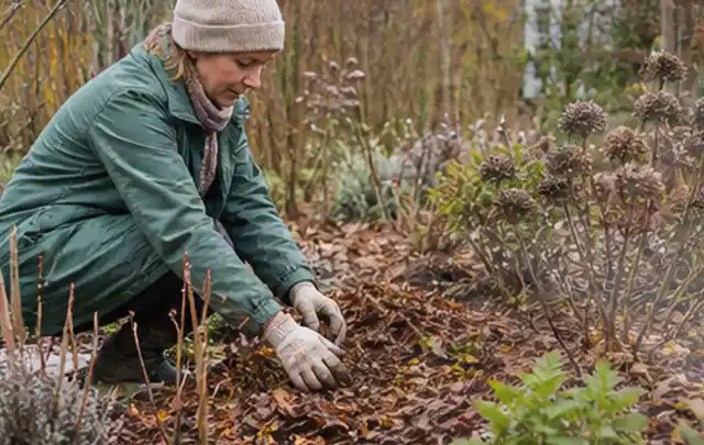 Person verteilt eine schützende Mulchschicht zwischen winterlichen Stauden; Thema Stiefmütterchen, Schwerpunkt Pflanzpartner; Praxisalltag.