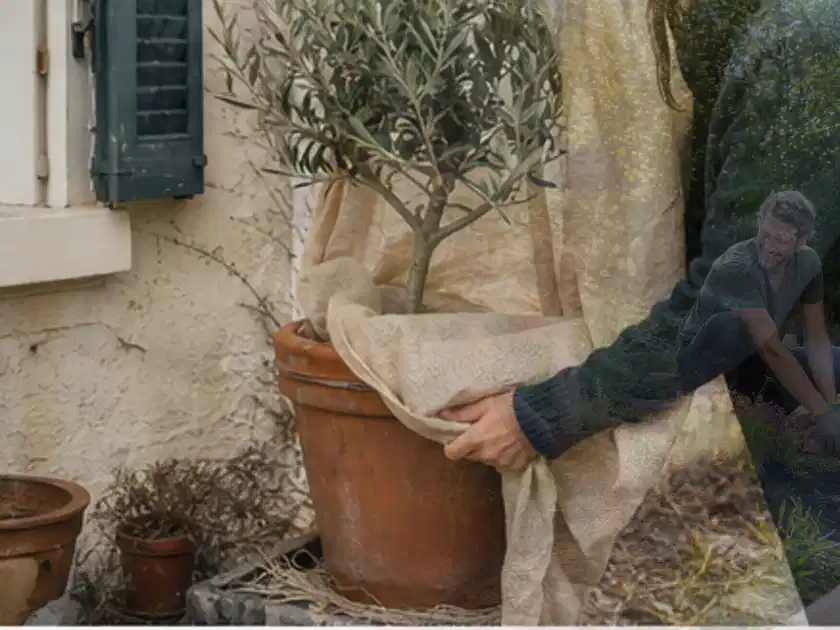 Person umhüllt eine mediterrane Kübelpflanze mit atmungsaktivem Winterschutz; Thema Stiefmütterchen, Schwerpunkt Problemlösung; Titelbild.