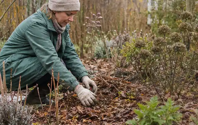 Person verteilt eine schützende Mulchschicht zwischen winterlichen Stauden; Thema Stiefmütterchen, Schwerpunkt Problemlösung; Praxisalltag.