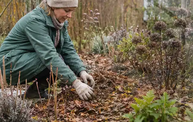 Person verteilt eine schützende Mulchschicht zwischen winterlichen Stauden; Thema Stiefmütterchen, Schwerpunkt Sortenwahl; Ausgangslage.