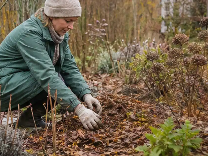 Person verteilt eine schützende Mulchschicht zwischen winterlichen Stauden; Thema Stiefmütterchen, Schwerpunkt Standort; Titelbild.