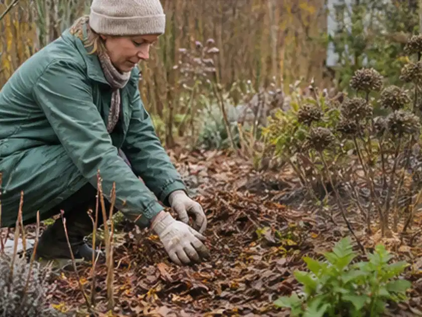 Person verteilt eine schützende Mulchschicht zwischen winterlichen Stauden; Thema Stiefmütterchen, Schwerpunkt Vermehrung; Titelbild.