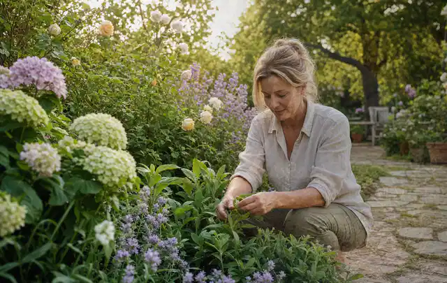 Person pflegt üppige Pflanzen in einem natürlich beleuchteten Garten; Thema Stiefmütterchen, Schwerpunkt Vermehrung; Ausgangslage.