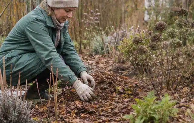 Person verteilt eine schützende Mulchschicht zwischen winterlichen Stauden; Thema Stiefmütterchen, Schwerpunkt Wachstum; Praxisalltag.