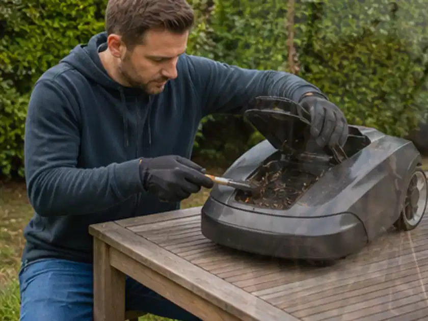 Person wartet einen geöffneten Mähroboter auf einem stabilen Gartentisch; Thema Stihl iMow, Schwerpunkt Anwendung; Titelbild.