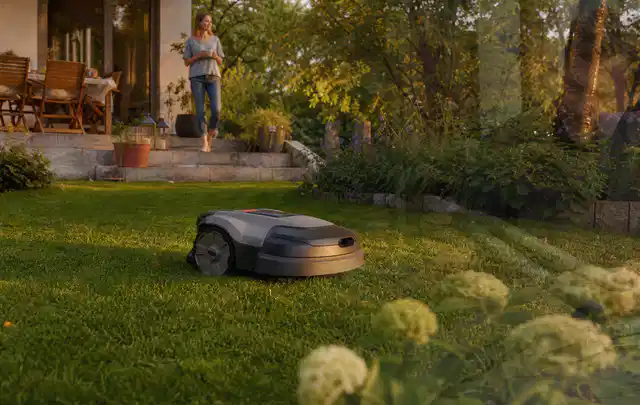 Mähroboter fährt am Abend über einen Rasen im Familiengarten; Thema Stihl iMow, Schwerpunkt Anwendung; Praxisalltag.