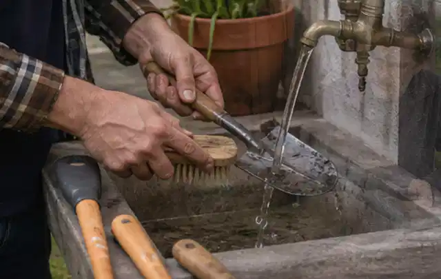 Hände reinigen gebrauchte Gartengeräte mit Bürste und Wasser am Außenbecken; Thema Stihl iMow, Schwerpunkt Bestenliste; Umsetzung.