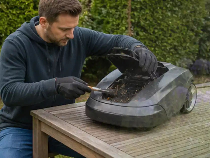 Person wartet einen geöffneten Mähroboter auf einem stabilen Gartentisch; Thema Stihl iMow, Schwerpunkt Checkliste; Titelbild.
