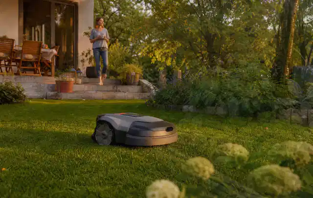 Mähroboter fährt am Abend über einen Rasen im Familiengarten; Thema Stihl iMow, Schwerpunkt Dimensionierung; Ausgangslage.