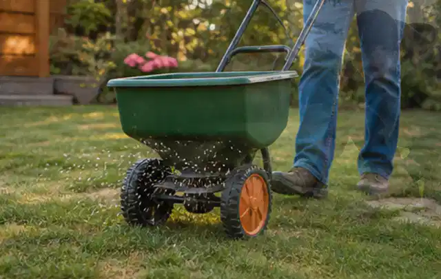 Person verteilt Rasensamen mit einem Streuwagen auf einer lückigen Fläche; Thema Stihl iMow, Schwerpunkt Dimensionierung; Ergebnis.
