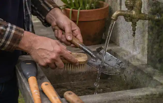 Hände reinigen gebrauchte Gartengeräte mit Bürste und Wasser am Außenbecken; Thema Stihl iMow, Schwerpunkt Dimensionierung; Praxisalltag.
