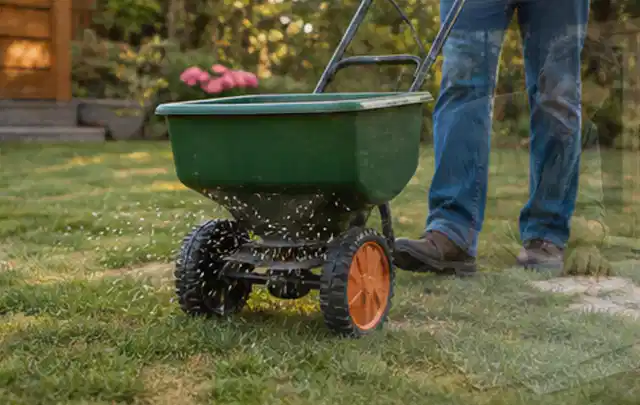 Person verteilt Rasensamen mit einem Streuwagen auf einer lückigen Fläche; Thema Stihl iMow, Schwerpunkt Ersatzteile; Ergebnis.