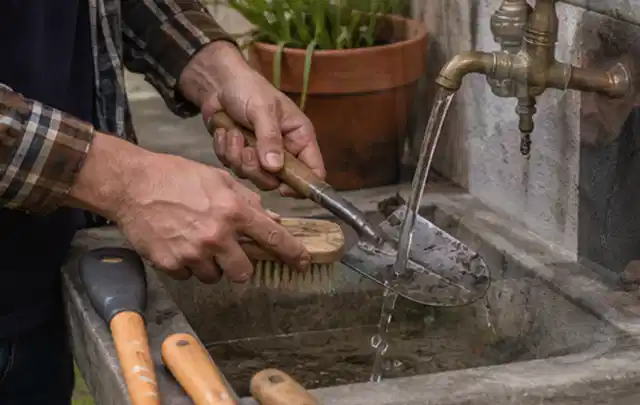 Hände reinigen gebrauchte Gartengeräte mit Bürste und Wasser am Außenbecken; Thema Stihl iMow, Schwerpunkt Fehlerhilfe; Kontrolle.