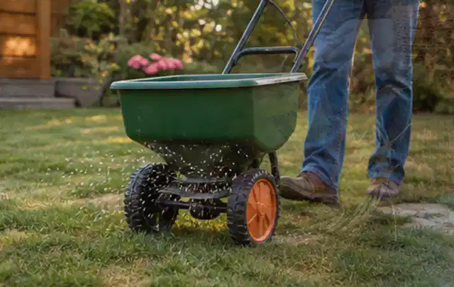 Person verteilt Rasensamen mit einem Streuwagen auf einer lückigen Fläche; Thema Stihl iMow, Schwerpunkt Fehlerhilfe; Ergebnis.