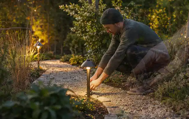 Person richtet eine niedrige warm leuchtende Gartenlampe am Kiesweg aus; Thema Stihl iMow, Schwerpunkt Gärten mit großer Fläche; Umsetzung.