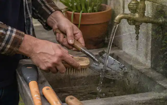 Hände reinigen gebrauchte Gartengeräte mit Bürste und Wasser am Außenbecken; Thema Stihl iMow, Schwerpunkt Gärten mit großer Fläche; Praxisalltag.