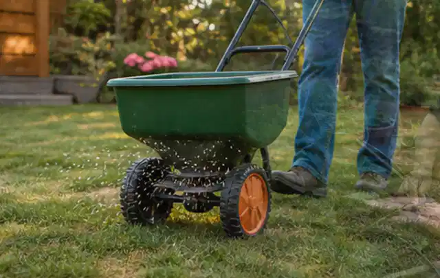 Person verteilt Rasensamen mit einem Streuwagen auf einer lückigen Fläche; Thema Stihl iMow, Schwerpunkt Gärten mit kleiner Fläche; Ausgangslage.