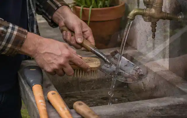 Hände reinigen gebrauchte Gartengeräte mit Bürste und Wasser am Außenbecken; Thema Stihl iMow, Schwerpunkt Kaufberatung; Ausgangslage.