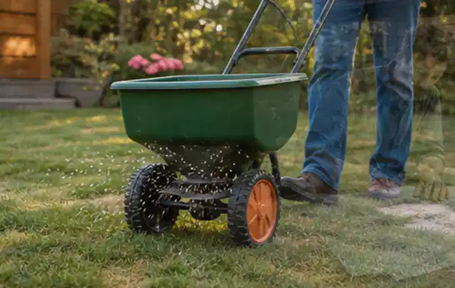 Person verteilt Rasensamen mit einem Streuwagen auf einer lückigen Fläche; Thema Stihl iMow, Schwerpunkt Kaufberatung; Umsetzung.