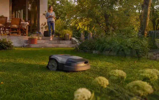 Mähroboter fährt am Abend über einen Rasen im Familiengarten; Thema Stihl iMow, Schwerpunkt Kaufberatung; Praxisalltag.