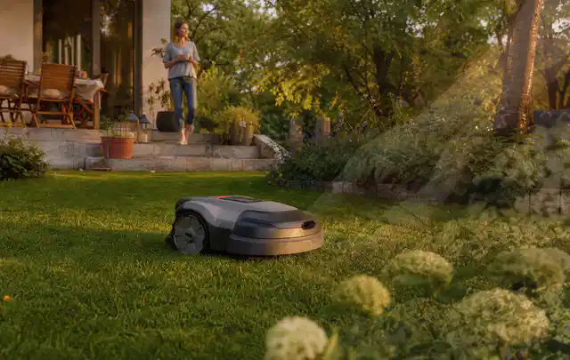 Mähroboter fährt am Abend über einen Rasen im Familiengarten; Thema Stihl iMow, Schwerpunkt Kosten; Praxisalltag.