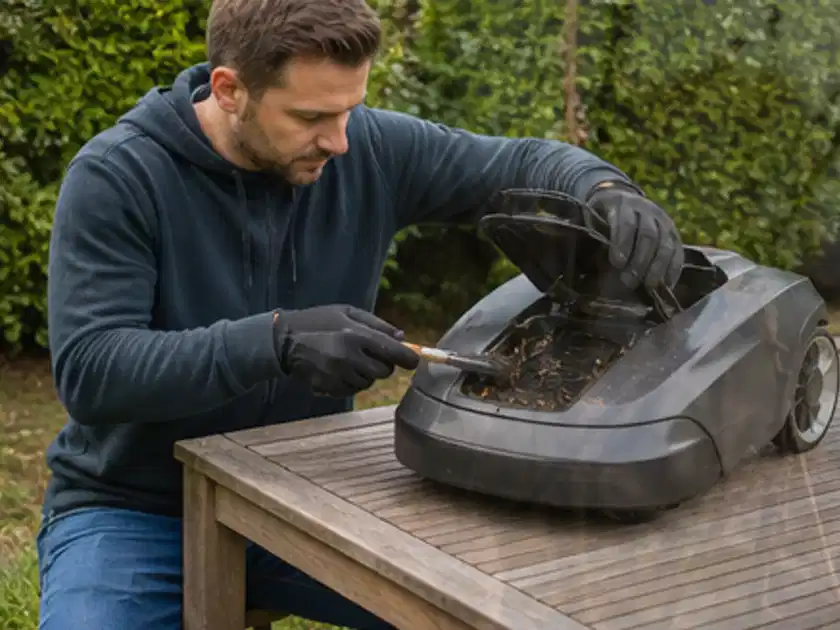 Person wartet einen geöffneten Mähroboter auf einem stabilen Gartentisch; Thema Stihl iMow, Schwerpunkt Leistung; Titelbild.