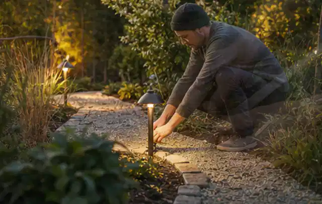 Person richtet eine niedrige warm leuchtende Gartenlampe am Kiesweg aus; Thema Stihl iMow, Schwerpunkt Leistung; Kontrolle.