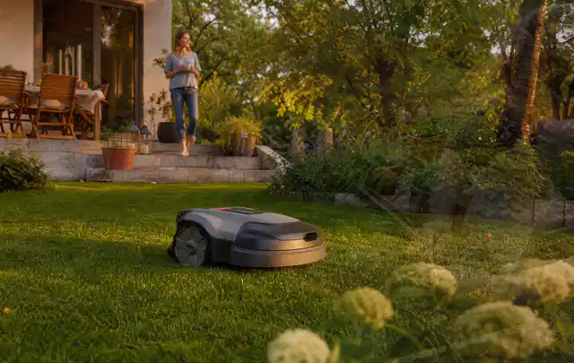 Mähroboter fährt am Abend über einen Rasen im Familiengarten; Thema Stihl iMow, Schwerpunkt Leistung; Ergebnis.
